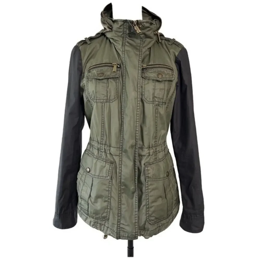 Michael Kors Green Black Utility Jacket Women’s Small Canvas Zip Hooded Casual